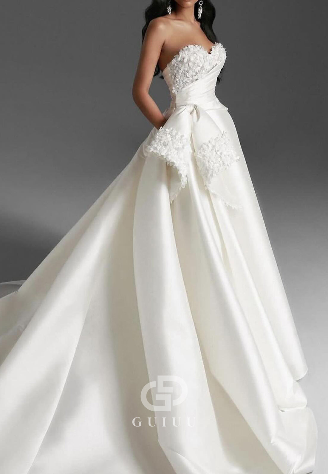 A-Line Strapless Sleeveless Bowknot Sequins Slit Wedding Dress