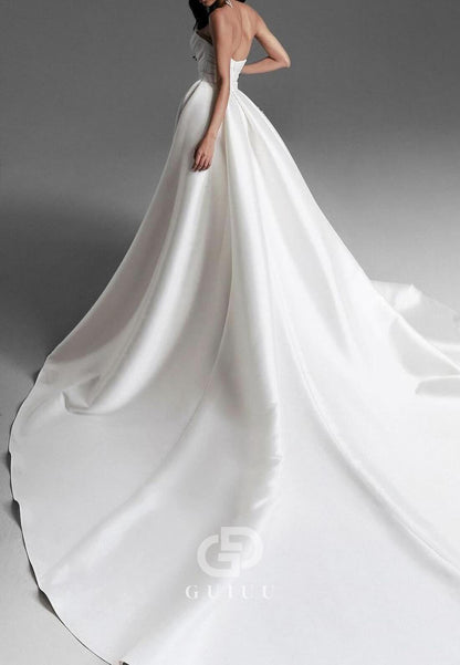 A-Line Strapless Sleeveless Bowknot Sequins Slit Wedding Dress