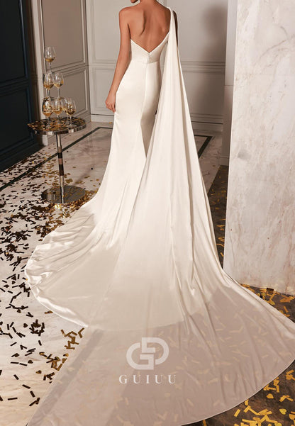 One Shoulder Sleeveless Slit Sheath Wedding Dress