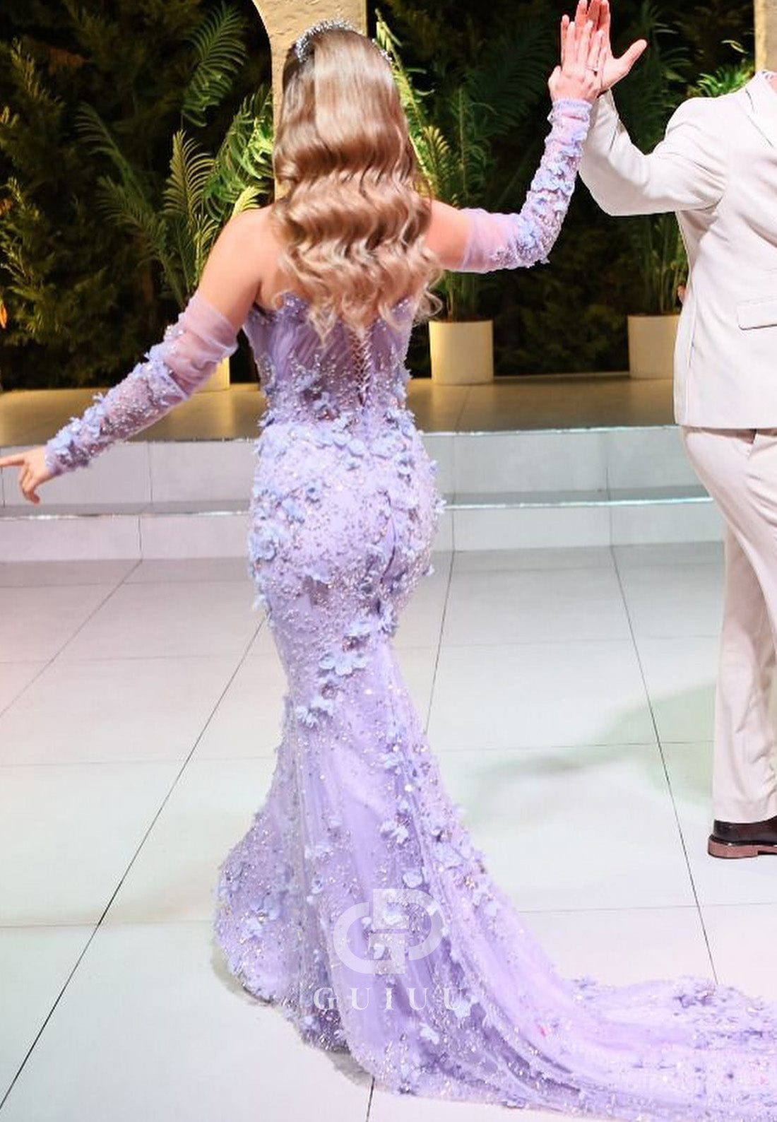 Lilac Off-Shoulder Long Sleeves Mermaid Appliques Evening Dress