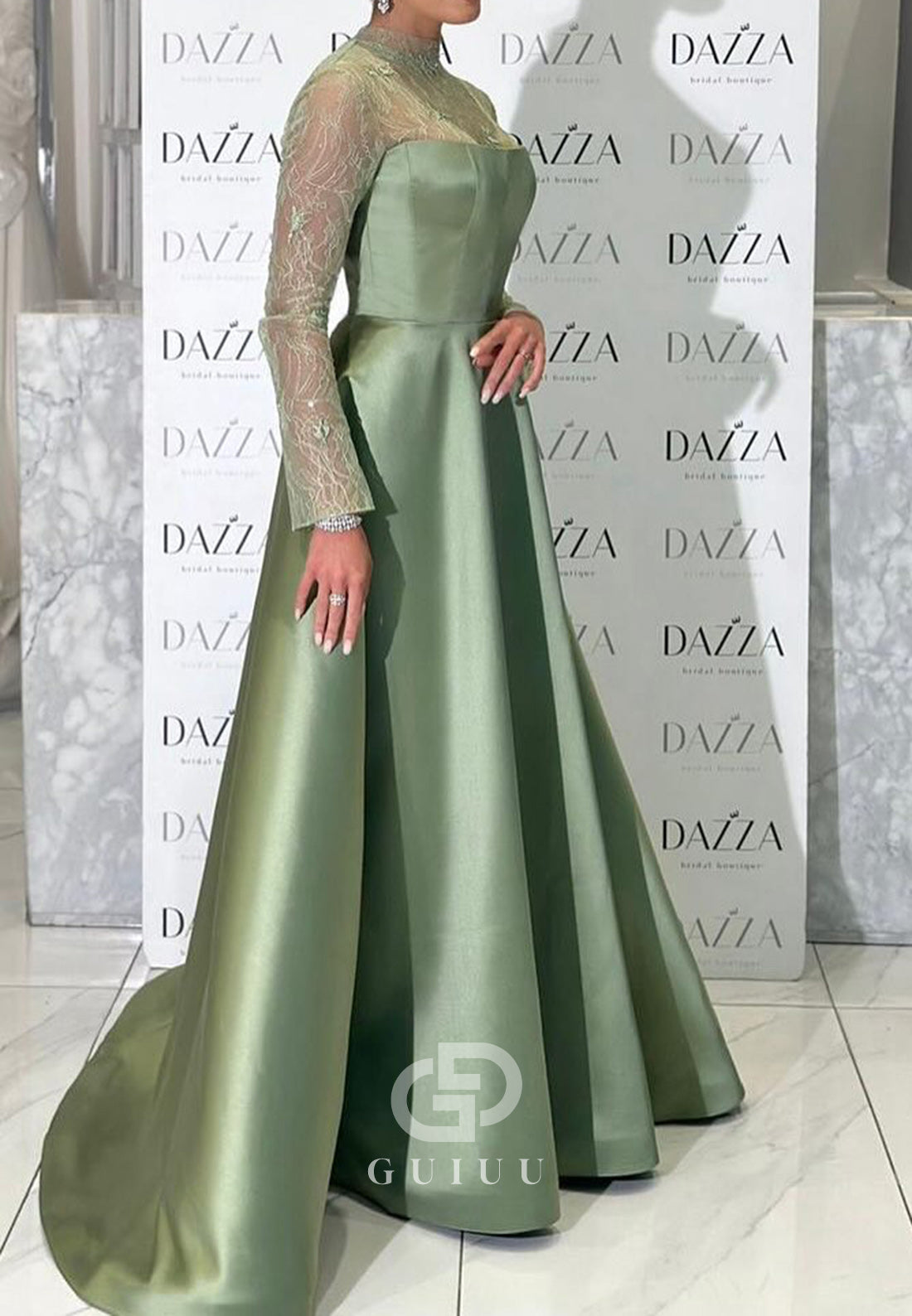 Dusty Sage High Neck Long Sleeves Empire-Waist Evening Dress