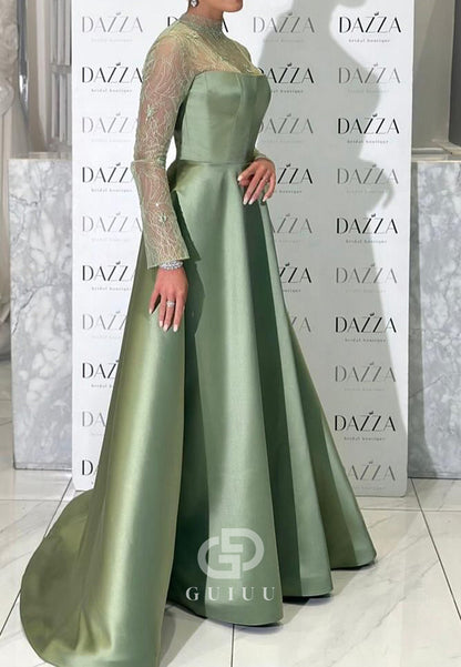 Dusty Sage High Neck Long Sleeves Empire-Waist Evening Dress