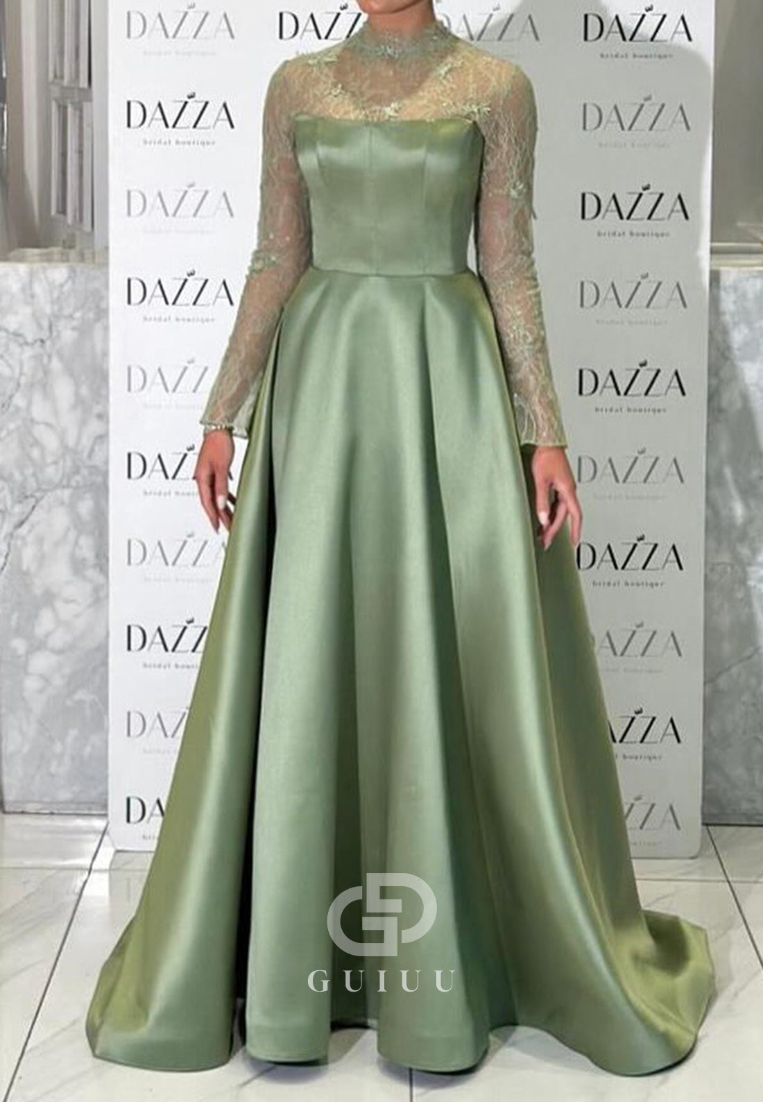 Dusty Sage High Neck Long Sleeves Empire-Waist Evening Dress