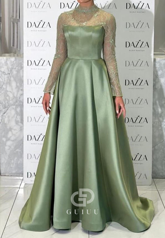 Dusty Sage High Neck Long Sleeves Empire-Waist Evening Dress