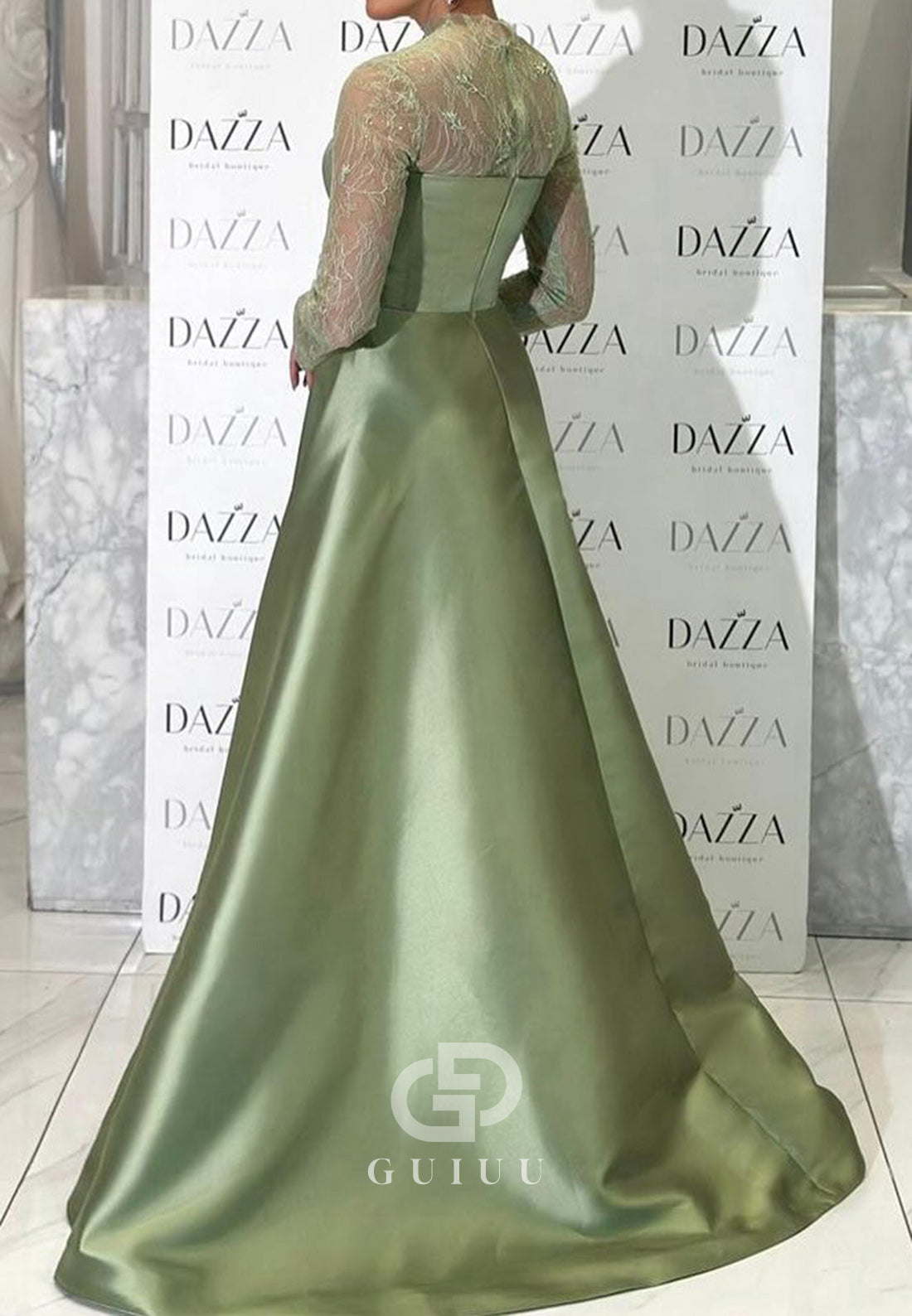 Dusty Sage High Neck Long Sleeves Empire-Waist Evening Dress