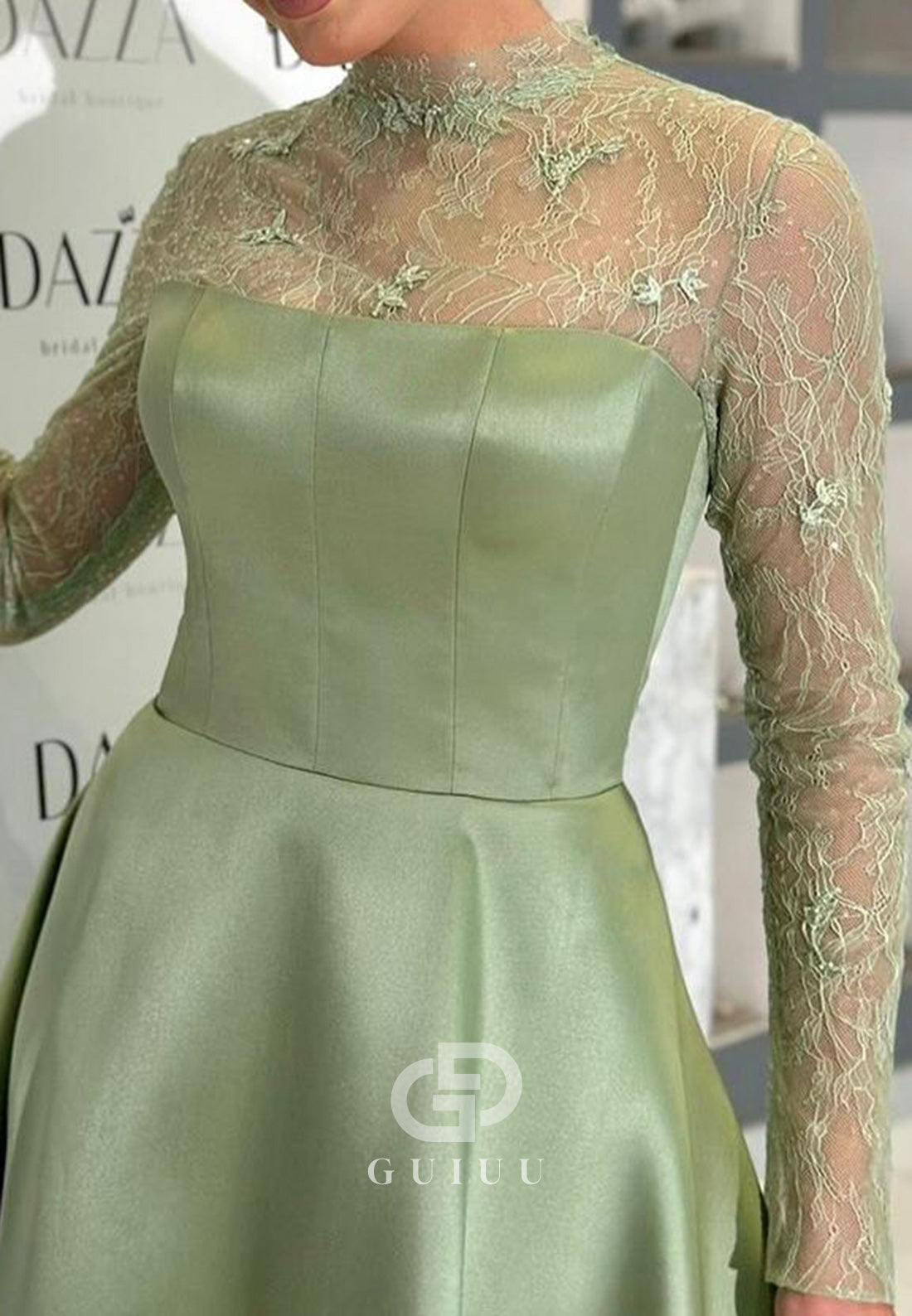 Dusty Sage High Neck Long Sleeves Empire-Waist Evening Dress