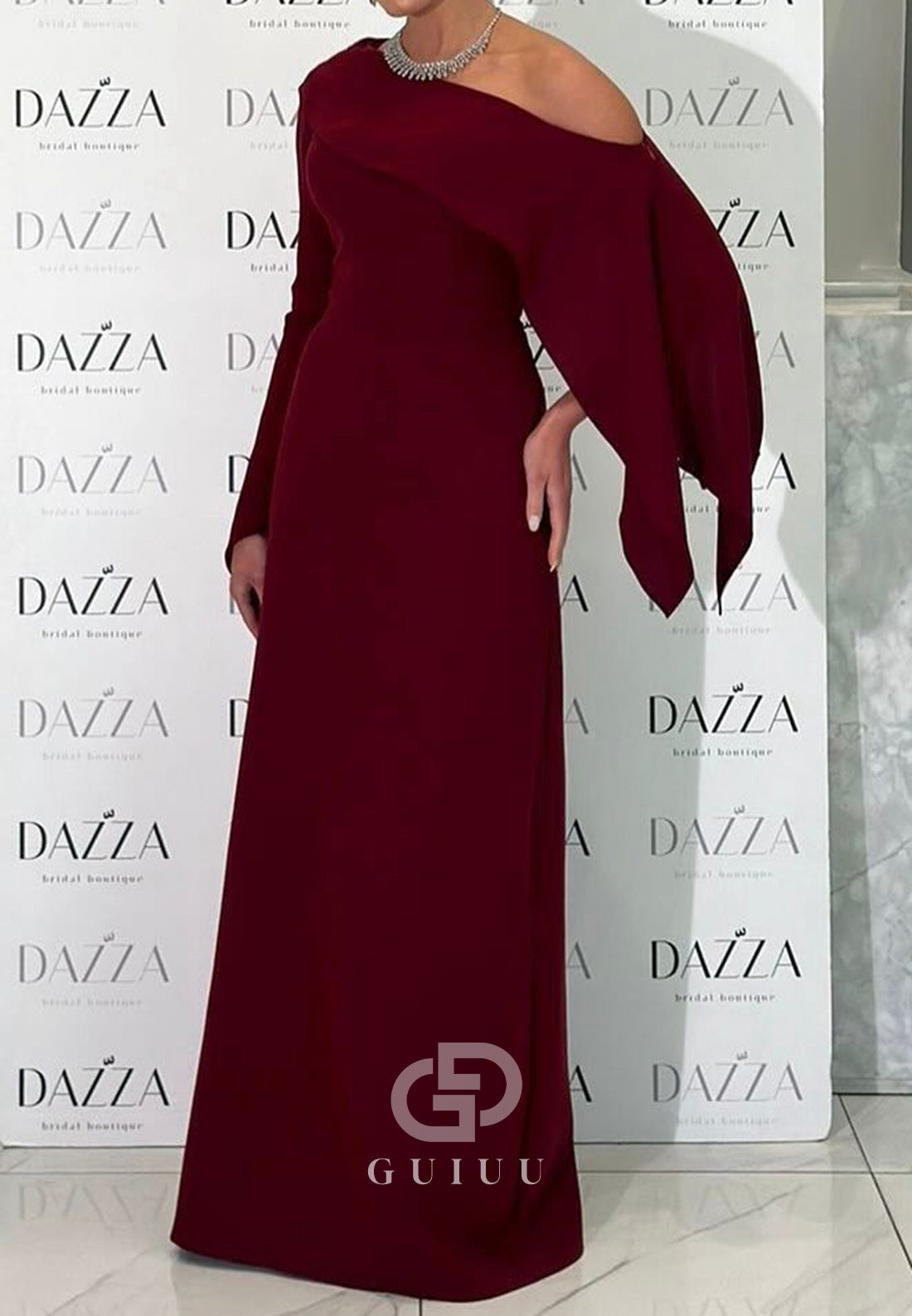 Burgundy Long Sleeves Off-Shoulder Ruffles Evening Dress