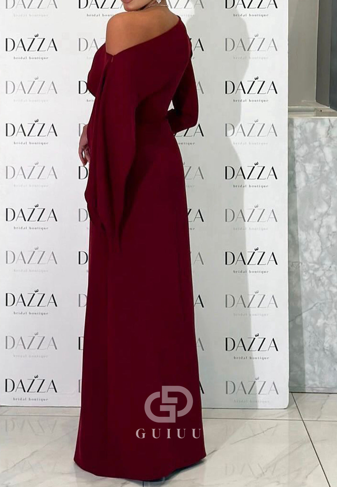 Burgundy Long Sleeves Off-Shoulder Ruffles Evening Dress