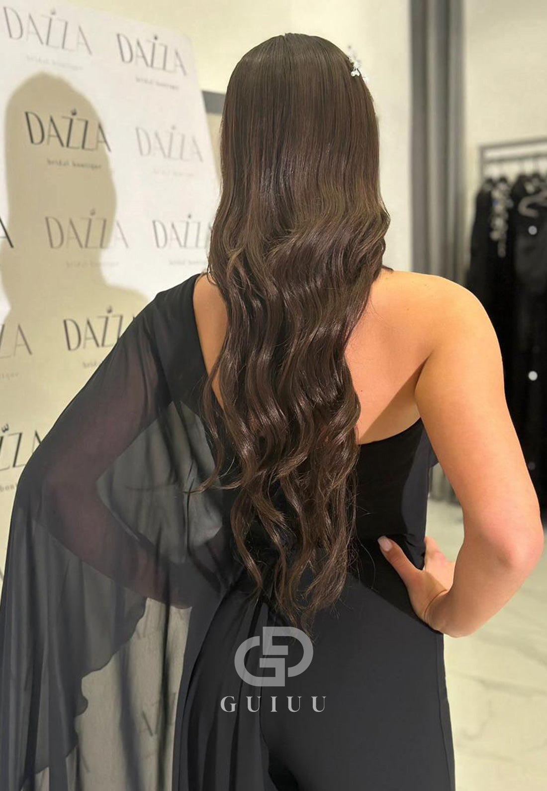 Black One Shoulder Long Shoulder Beaded Ruched Evening Dress