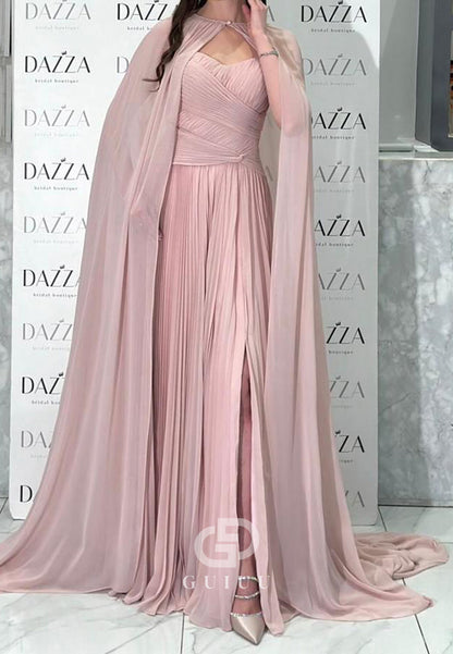 Simple Cape Scoop Corset Ruched Chiffon Evening Dress