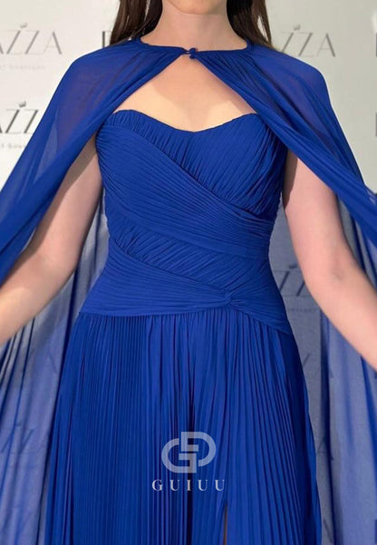 Simple Cape Scoop Corset Ruched Chiffon Evening Dress