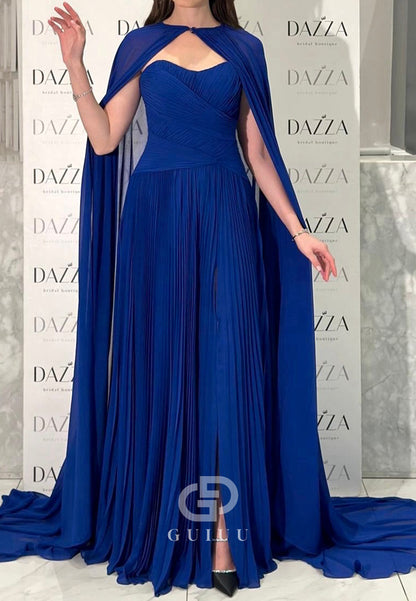 Simple Cape Scoop Corset Ruched Chiffon Evening Dress