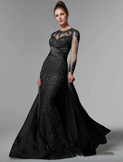 GM055 - Mermaid Long Sleeves Sweep Brush Train Appliques Stain Pleated Mother of the Bride Dress Formal Wedding Guest Gown