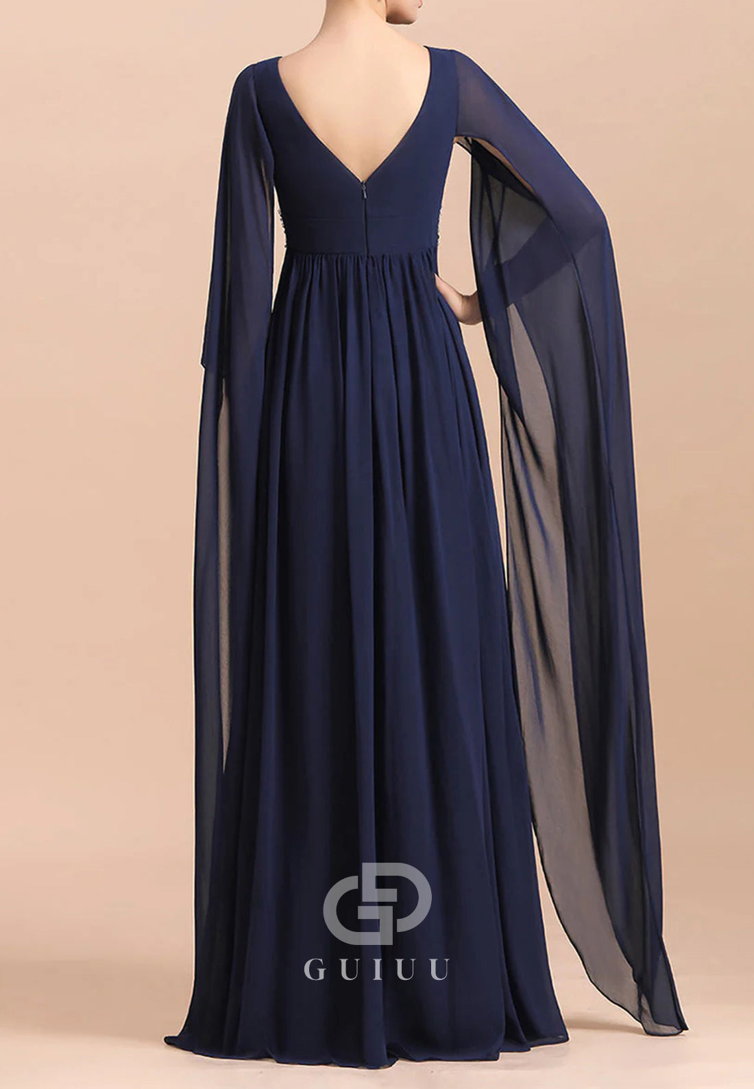Simple A-Line Long Sleeves V-Neck Empire-Waist Chiffon Mother of the Bride Dress