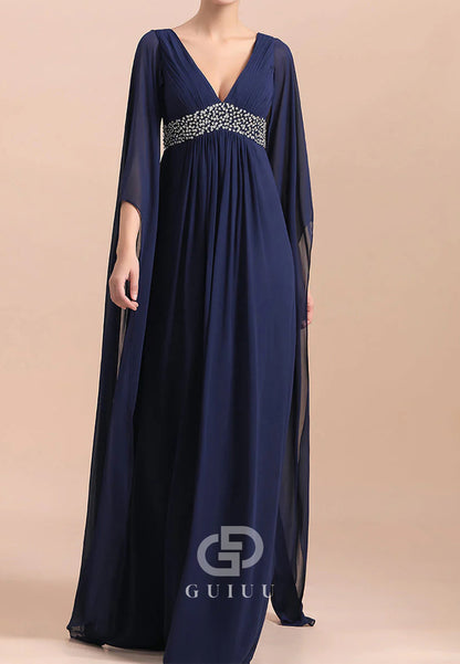 Simple A-Line Long Sleeves V-Neck Empire-Waist Chiffon Mother of the Bride Dress