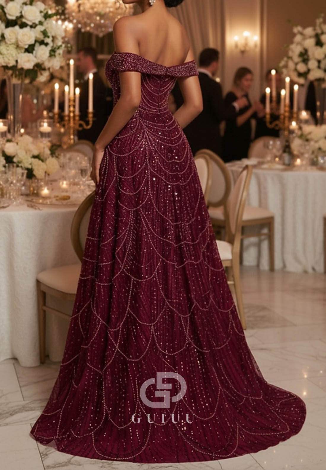 A-Line Off-Shoulder Cap Sleeves Sequins Evening Dress