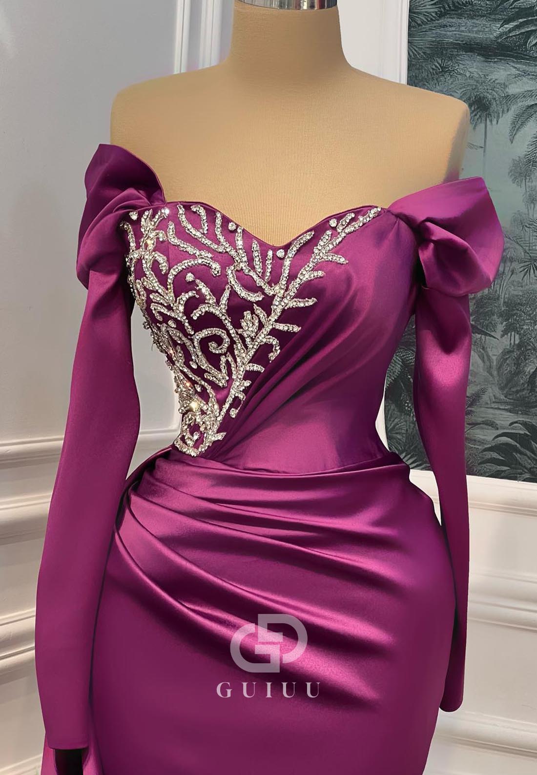 Orchid Sheath Off-Shoulder Beads Ruched Evening Dress