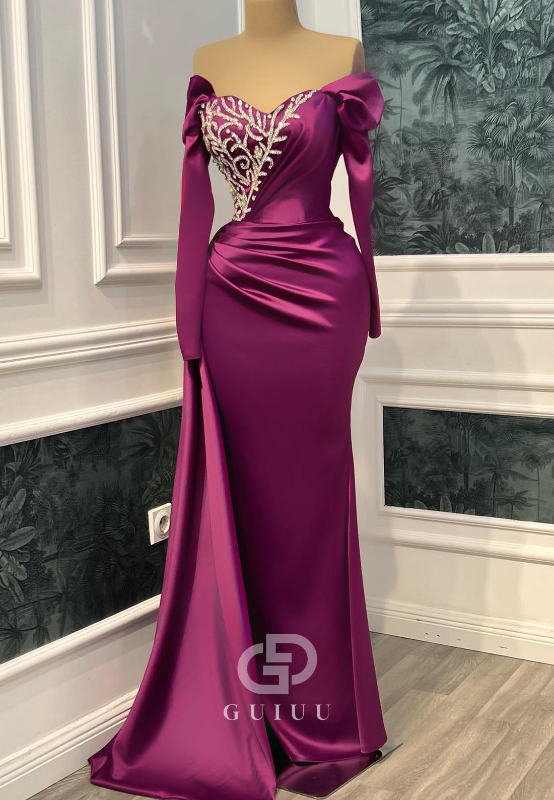 Orchid Sheath Off-Shoulder Beads Ruched Evening Dress