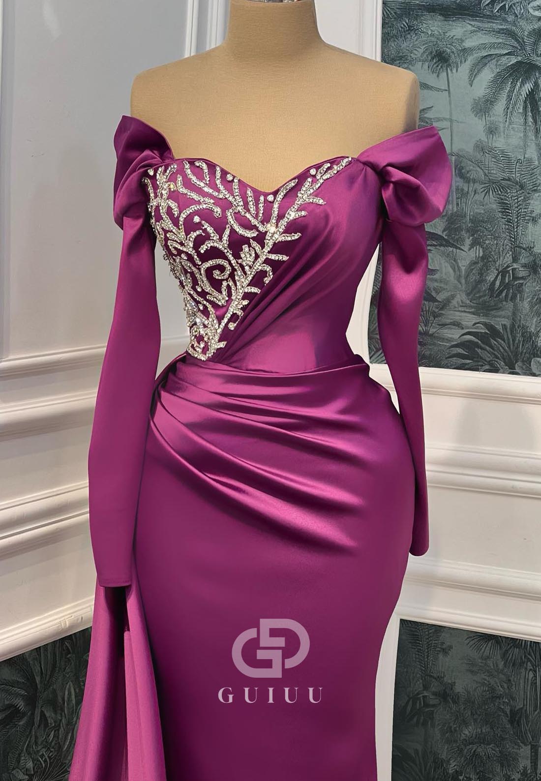 Orchid Sheath Off-Shoulder Beads Ruched Evening Dress
