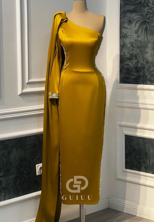 Marigold One Shoulder Long Sleeves Sheath Evening Dress
