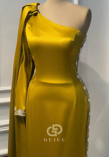 Marigold One Shoulder Long Sleeves Sheath Evening Dress