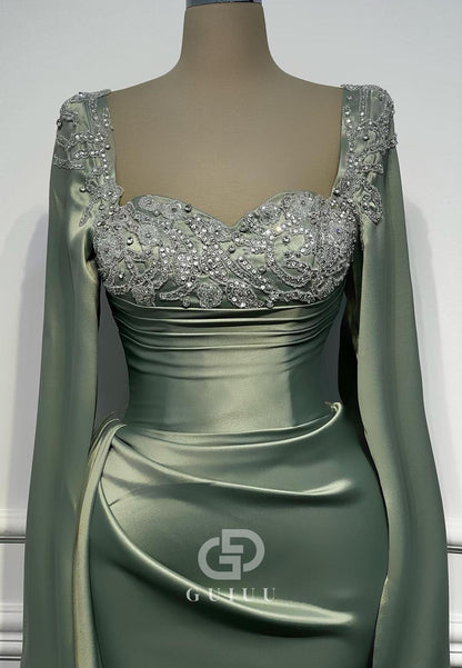 Dusty Sage Long Sleeves Square Appliques Ruched Evening Dress