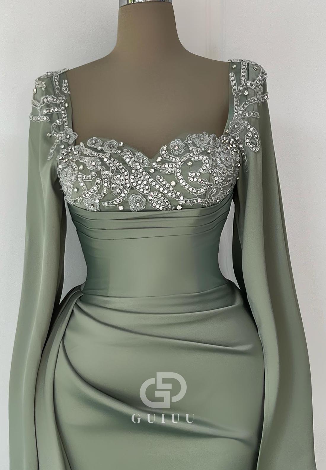 Dusty Sage Long Sleeves Square Appliques Ruched Evening Dress