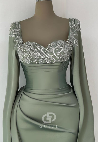 Dusty Sage Long Sleeves Square Appliques Ruched Evening Dress