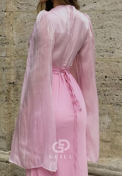 Simple Long Sleeves Scoop Ruched Empire-Waist Evening Dress