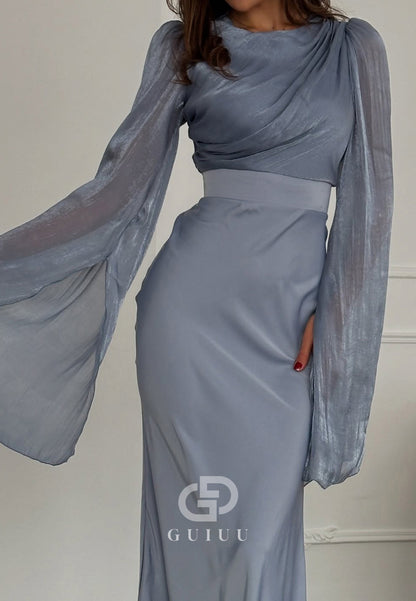 Simple Long Sleeves Scoop Ruched Empire-Waist Evening Dress