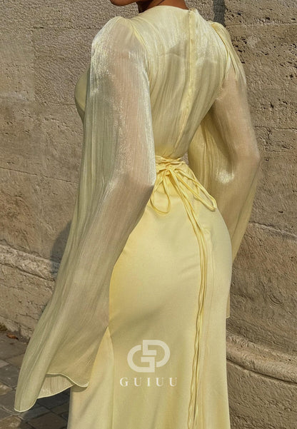 Simple Long Sleeves Scoop Ruched Empire-Waist Evening Dress