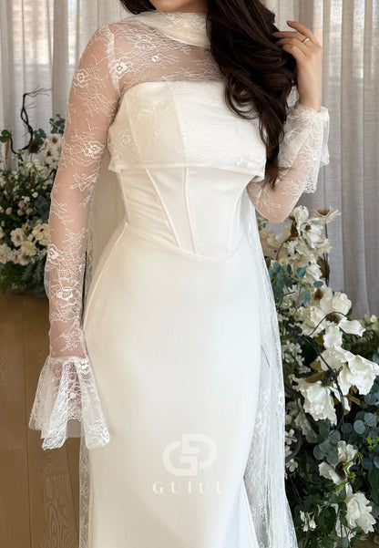 White Long Sleeves High Neck Ruched A-Line Prom Dress