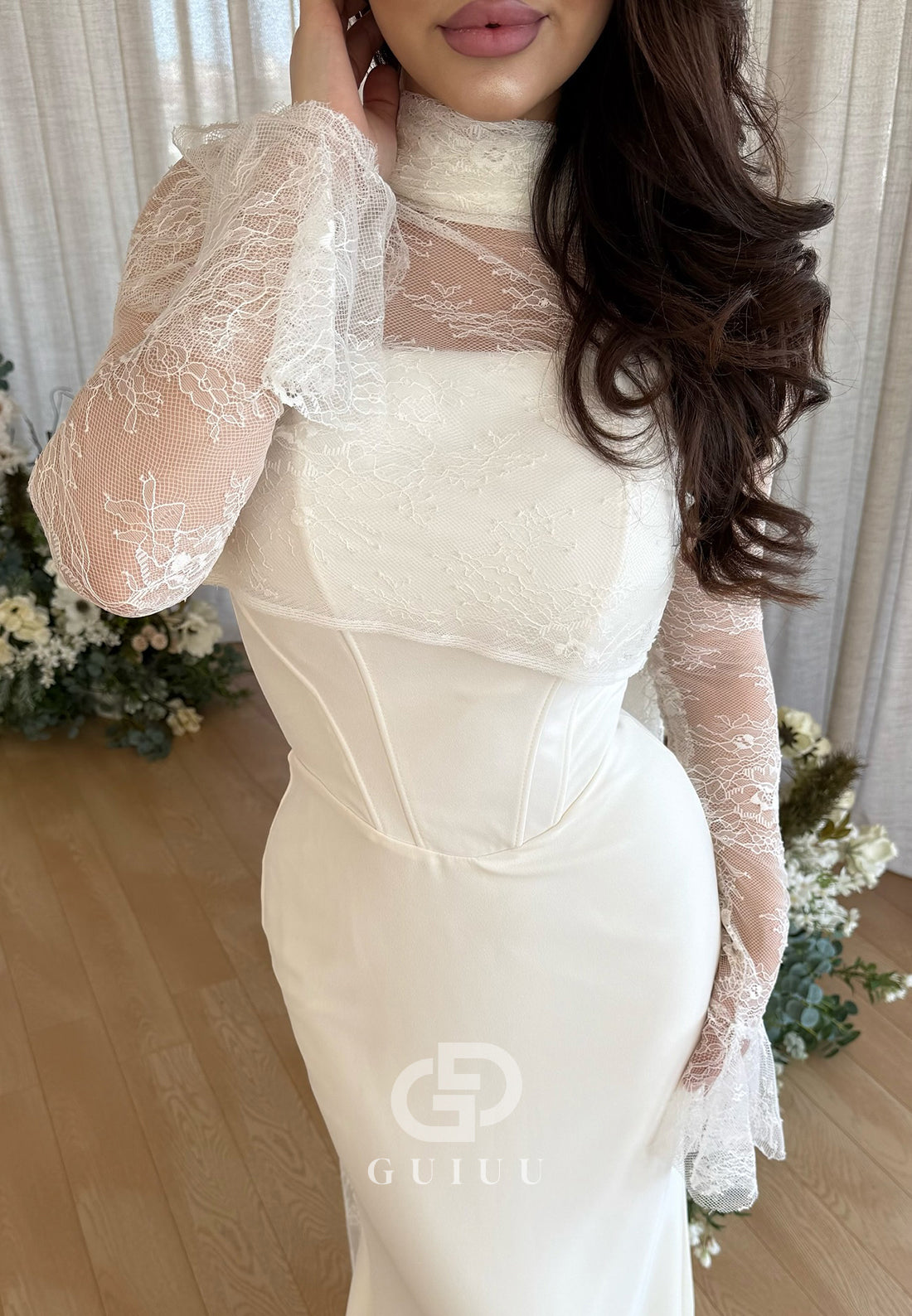 White Long Sleeves High Neck Ruched A-Line Prom Dress