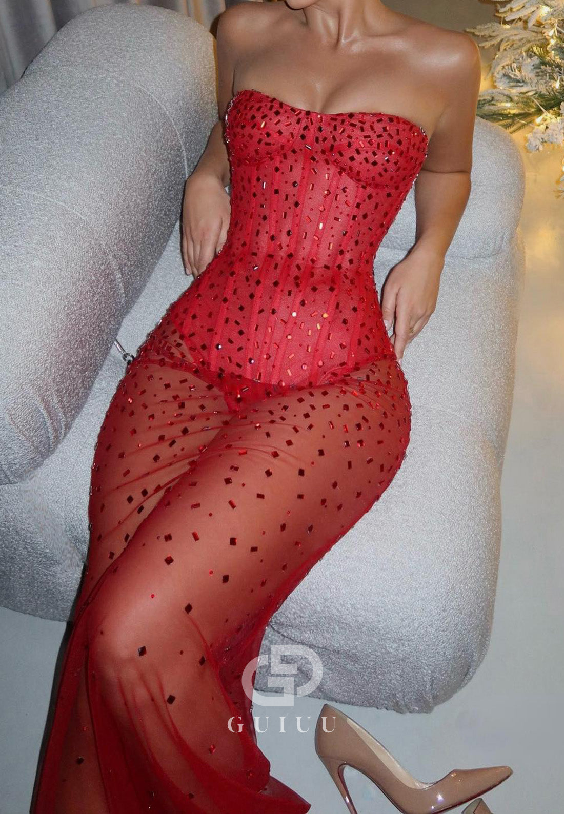Red Sleeveless Strapless Beads Corset Lace Prom Dress