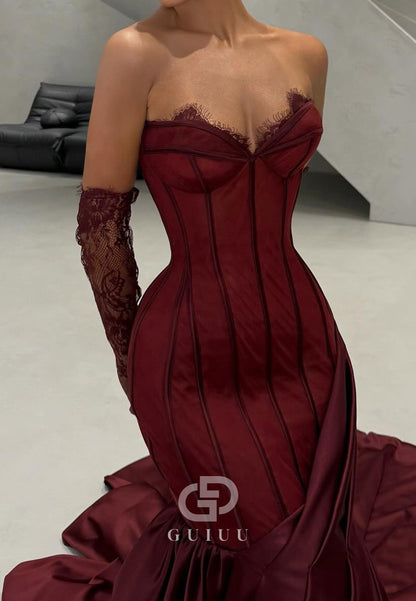 Burgundy Long Sleeves Scoop Ruched Court Train Evening Dress