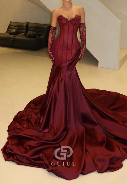 Burgundy Long Sleeves Scoop Ruched Court Train Evening Dress