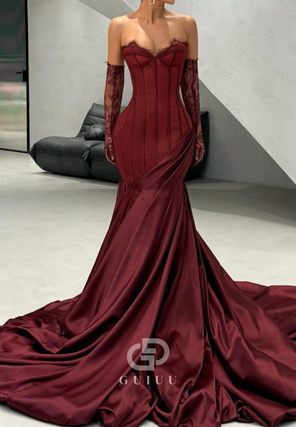 Burgundy Long Sleeves Scoop Ruched Court Train Evening Dress