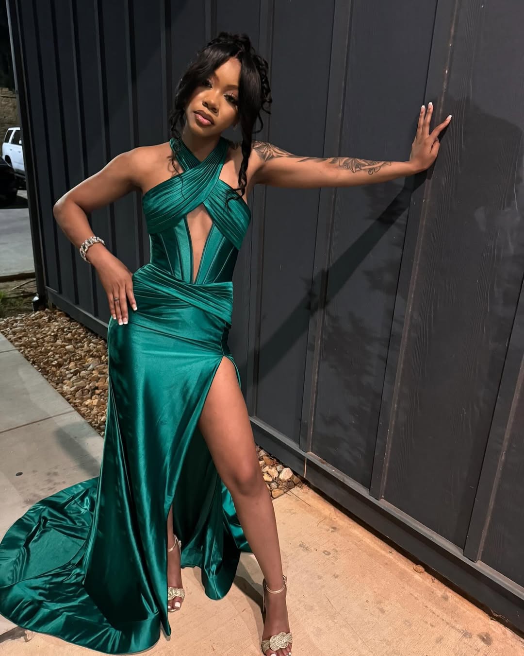 Sheath Halter Sleeveless Prom Dress with Slit Ruched Floor-Length Evening Party Dress