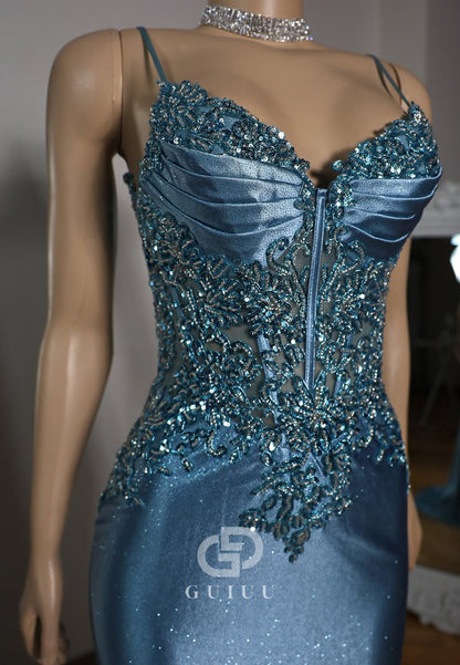 Mermaid Strapless Sleeveless Sequined and Beaded Court Train Prom Party Dress