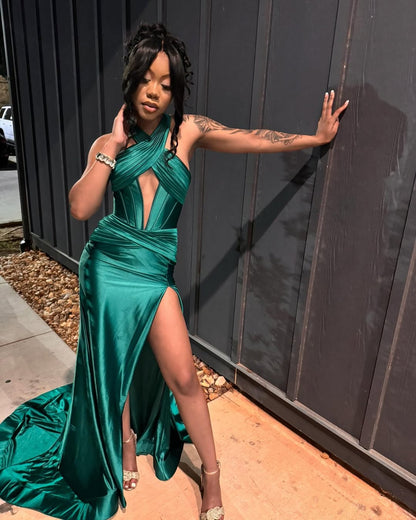 Sheath Halter Sleeveless Prom Dress with Slit Ruched Floor-Length Evening Party Dress