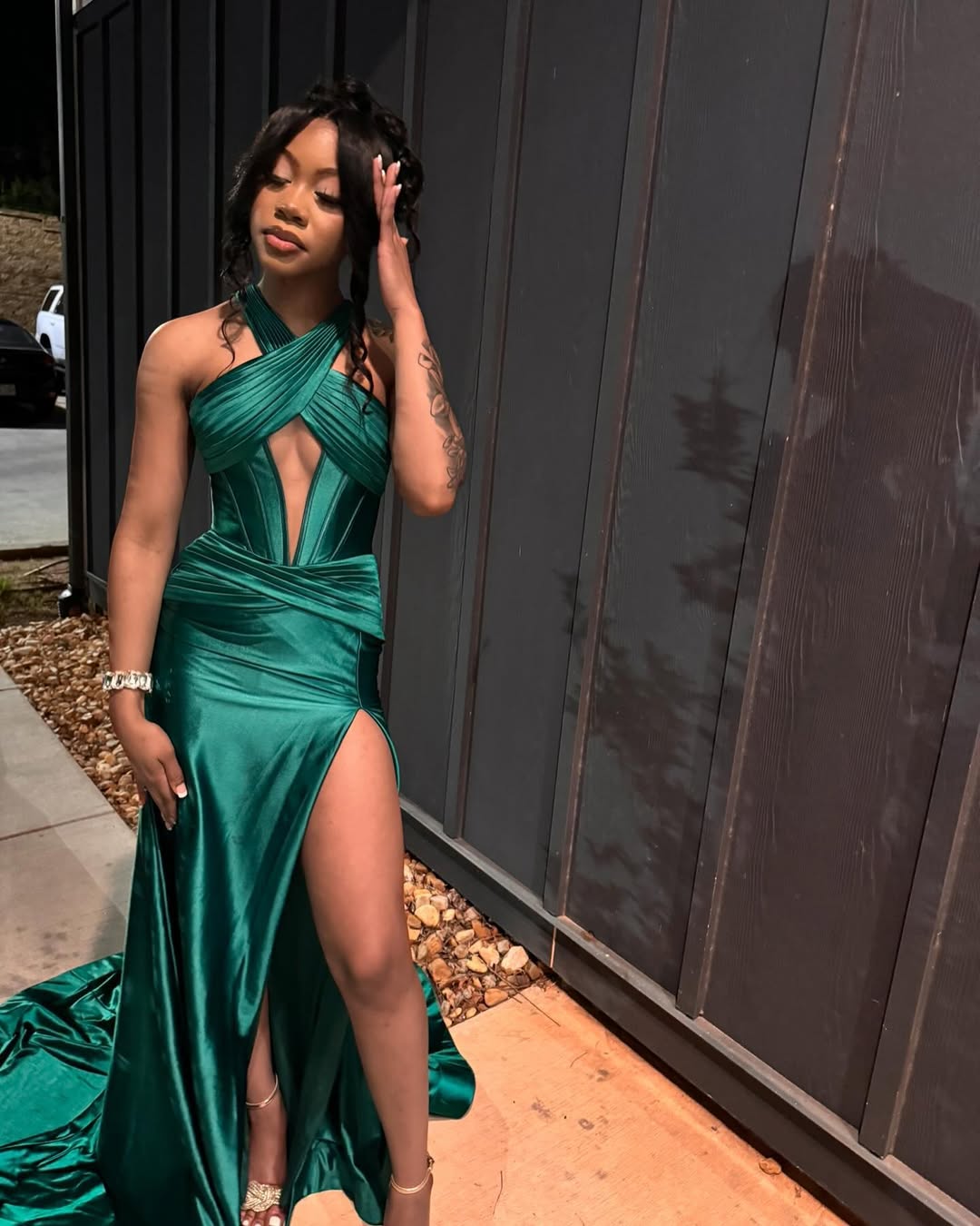 Sheath Halter Sleeveless Prom Dress with Slit Ruched Floor-Length Evening Party Dress