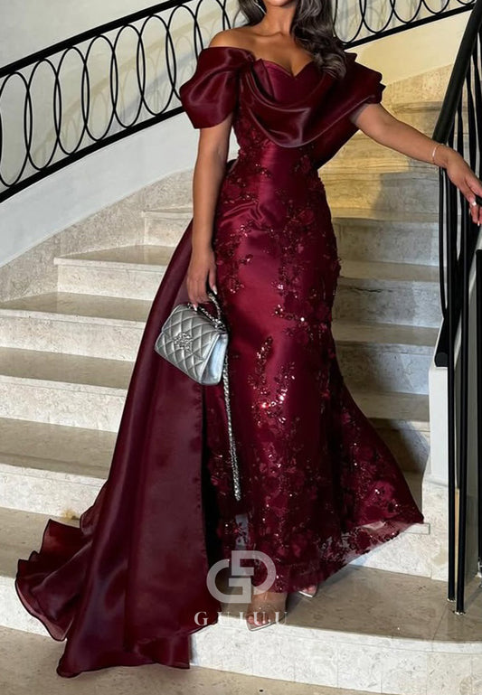 Burgundy Short Sleeves Scoop Floral Appliques Evening Dress