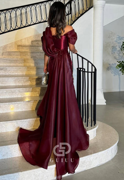 Burgundy Short Sleeves Scoop Floral Appliques Evening Dress