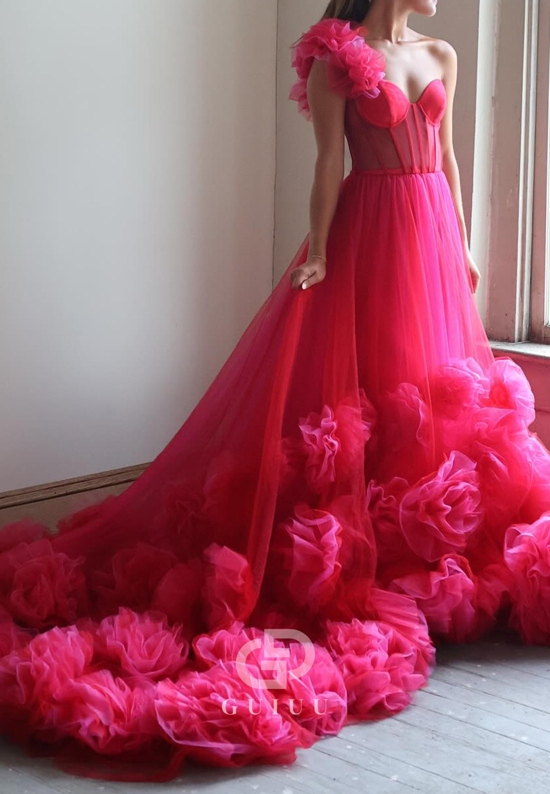 Fuchsia One Shoulder Sleeveless Floral Appliques A-Line Prom Dress