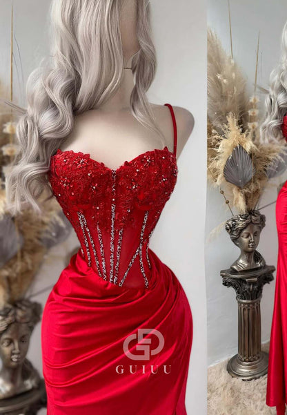 Sexy Spaghetti Straps Sweetheart Prom Dress with Slit Ruched Evening Party Dress