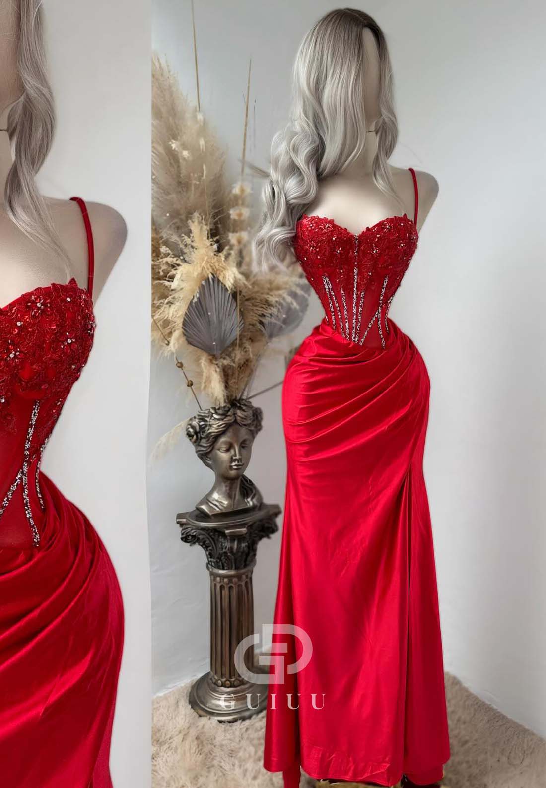 Sexy Spaghetti Straps Sweetheart Prom Dress with Slit Ruched Evening Party Dress