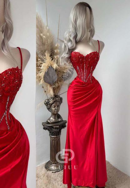 Sexy Spaghetti Straps Sweetheart Prom Dress with Slit Ruched Evening Party Dress