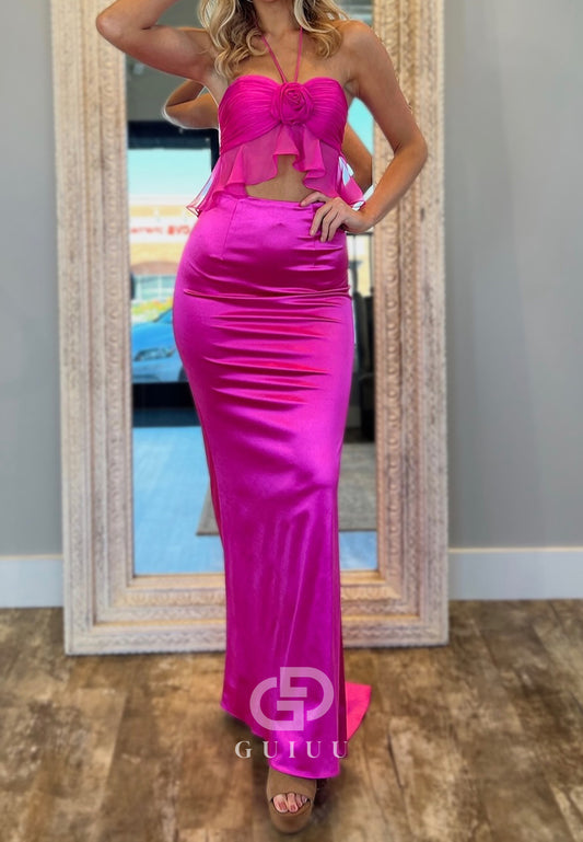 Fuchsia Halter Sleeveless Ruched Prom Dress