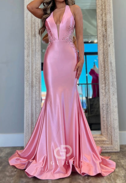 Blushing Pink Spaghetti Straps V-Neck Corset Mermaid Prom Dress