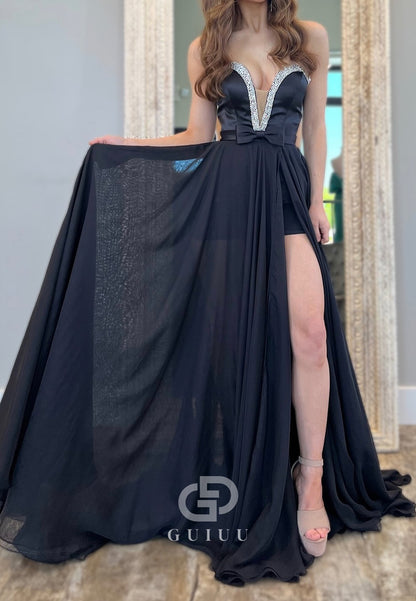 Simple Black Strapless Sleeveless Slit Sequins Prom Dress